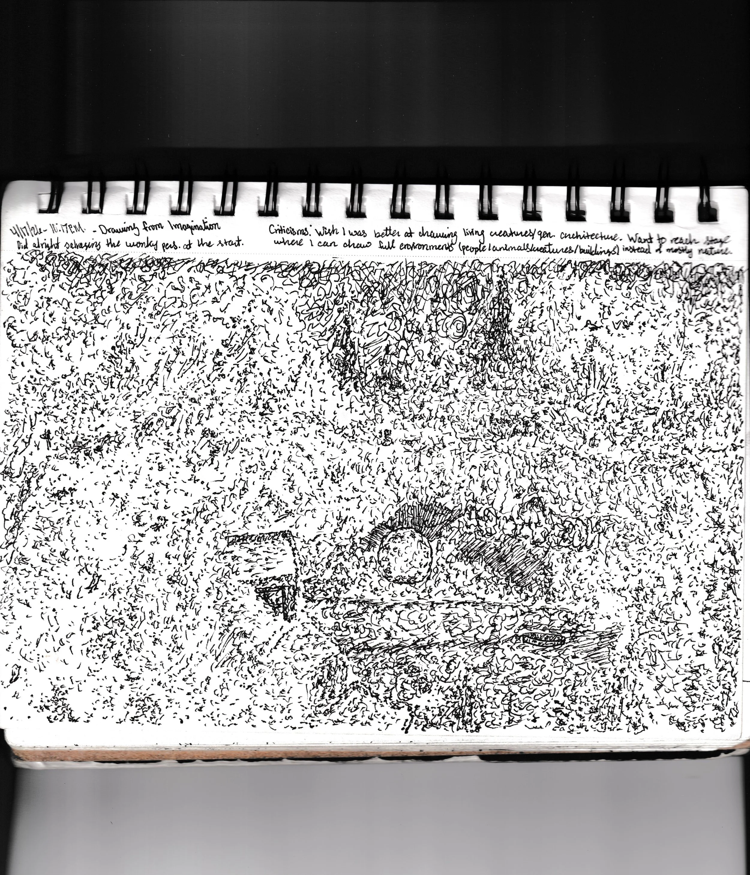 Non-Reference Drawing #2 [4-17-2026]

Sketchbook:
4/17/2026 11:17 P.M. - Drawing from Imagination
Did alright salvaging the wonky perspective at the start.

Criticisms: Wish I was better at drawing living creatures and general architecture. Want to r