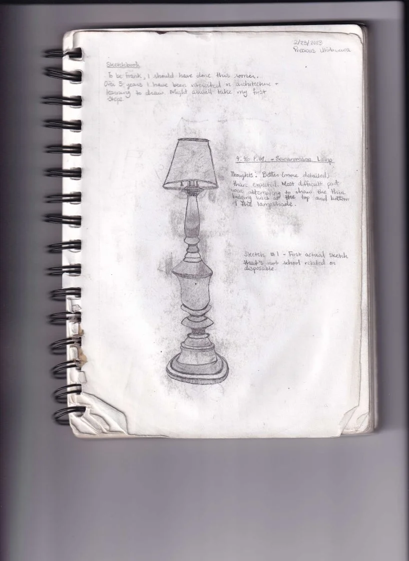 [Sketch #1] Schwarzmann Library Lamp
Sketchbook:
To be frank, I should have done this sooner. Over 5 years, I have been interested in architecture + 
learning to draw. Might as well take my first steps

4:46 P.M. - Schwarzmann Lamp
Thoughts: Better (
