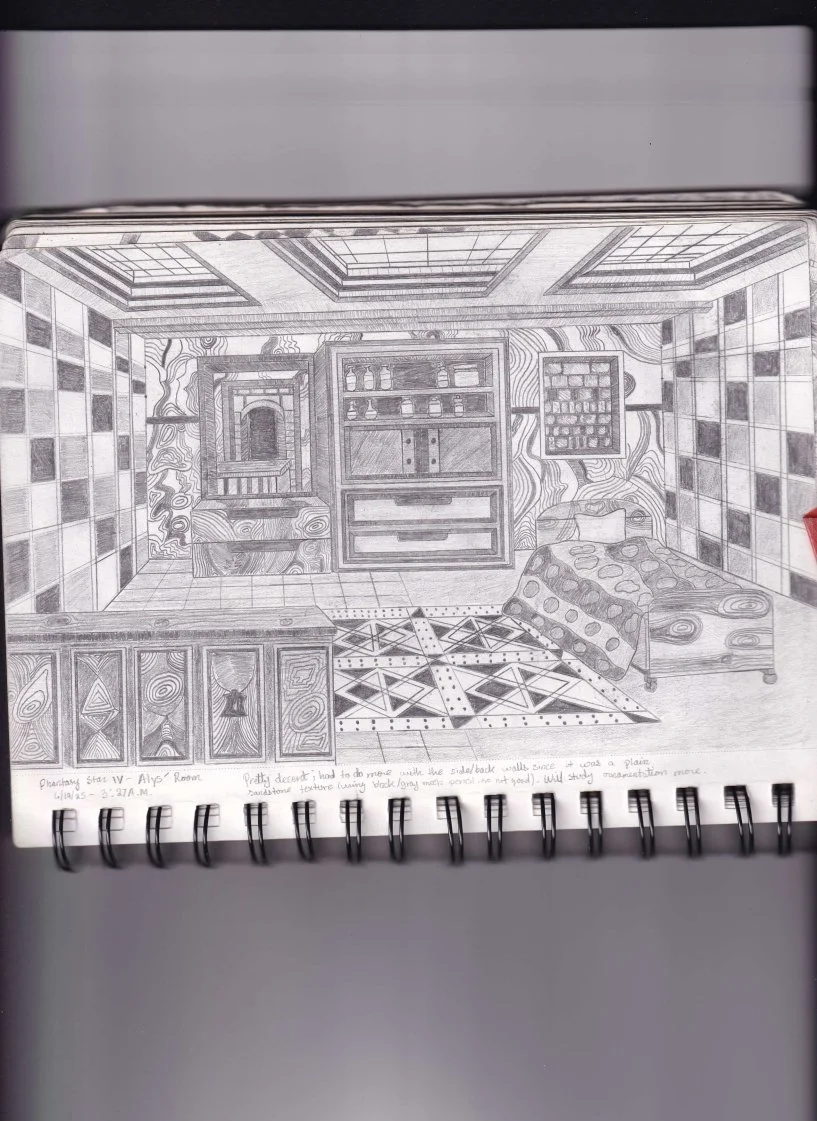 [Reference] Phantasy Star IV - Alys' Room [6-19-2025]

Sketchbook:
Phantasy Star IV -  Alys' Room
6/19/2025 - 3:27 A.M.

Pretty decent; had to do more with the side/back walls since it was a plain sandstone texture (using black/gray mechanical pencil