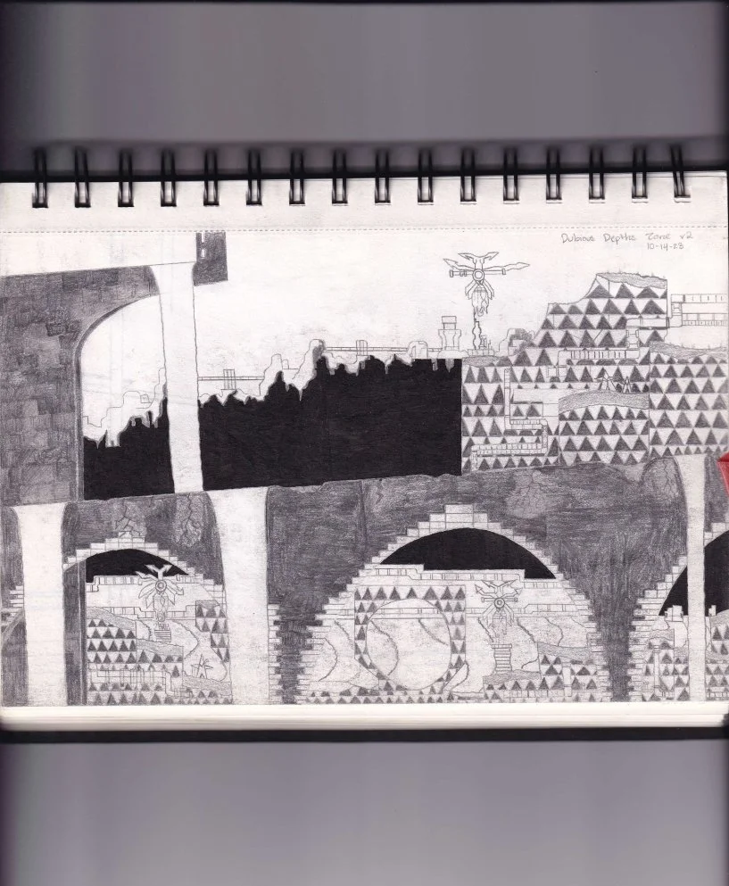 Dubious Depths Zone v2
10-14-2023
Completed early Jan 2024

Note [7-24-2026]: This drawing was based on concept art of an unused zone from the platformer Sonic the Hedgehog CD, which I found
very pretty. The drawing is meant to a little mysterious, h