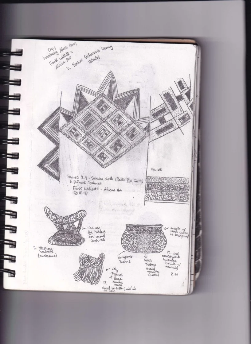 Frank Willett's African Art Texture Referencing [12-26-2025]

Sketchbook: 
(Top Left)
Chapter 1 - Introducing Africa
Frank Willett's African Art
Texture References Library
12/26/2025


(Middle)
Figures 8.9 - Bakuba cloth (Raffia Pile Cloth)
* Differe