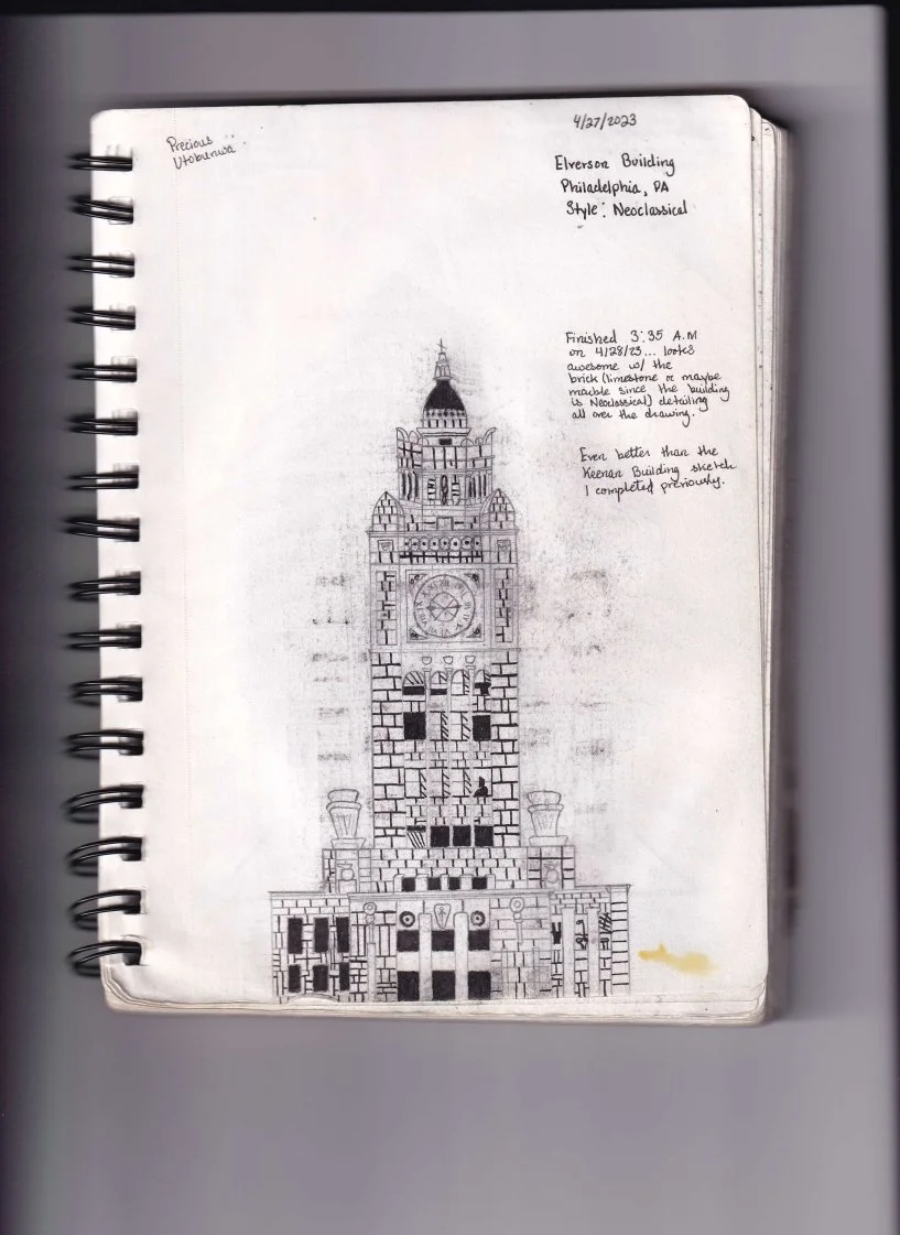 [Sketch #8] Elverson Building (Philadelphia, PA) [4-27-2023]

Precious Utobunwa

Elverson Building
Philadelphia, PA
Style: Neoclassical

Finished 3:35 A.M. on 4/28/23... looks awesome w/ [w/ means with] the brick (limestone or maybe marble since the 