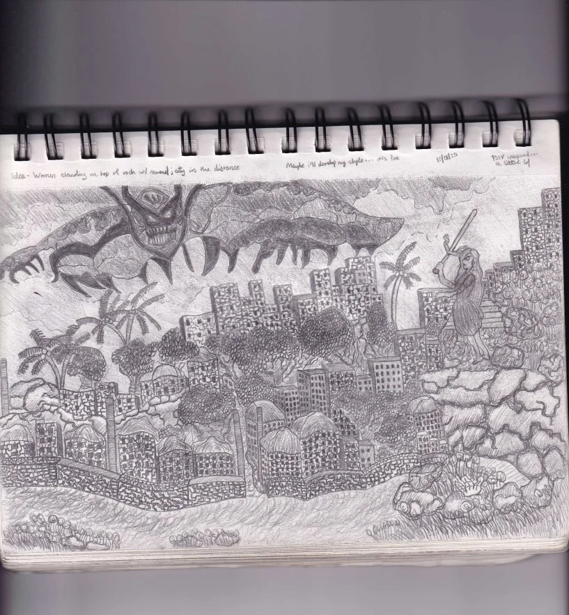 [Phantasy Star IV Inspired] General Drawing [10-18-2025]

Idea - Woman standing on top of rock with sword; city in the distance
Maybe i'll develop my style...it's fun 
10/18/2025

PSIV inspired... a little lol

7/24/2026 Note:
Japanese Phantasy Star 