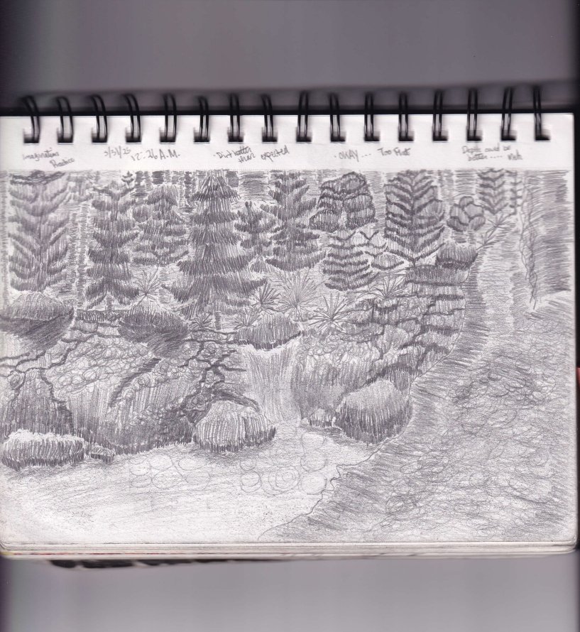 [Non Reference] Nature Drawing [5-31-2025]

Sketchbook:
Imagination Practice  
5-31-2025   12:26 A.M.

Dirt better than expected

OKAY... Too Flat (referring to the trees in the background at the time).

Depth could be better.... Meh.

7-24-2026 Note