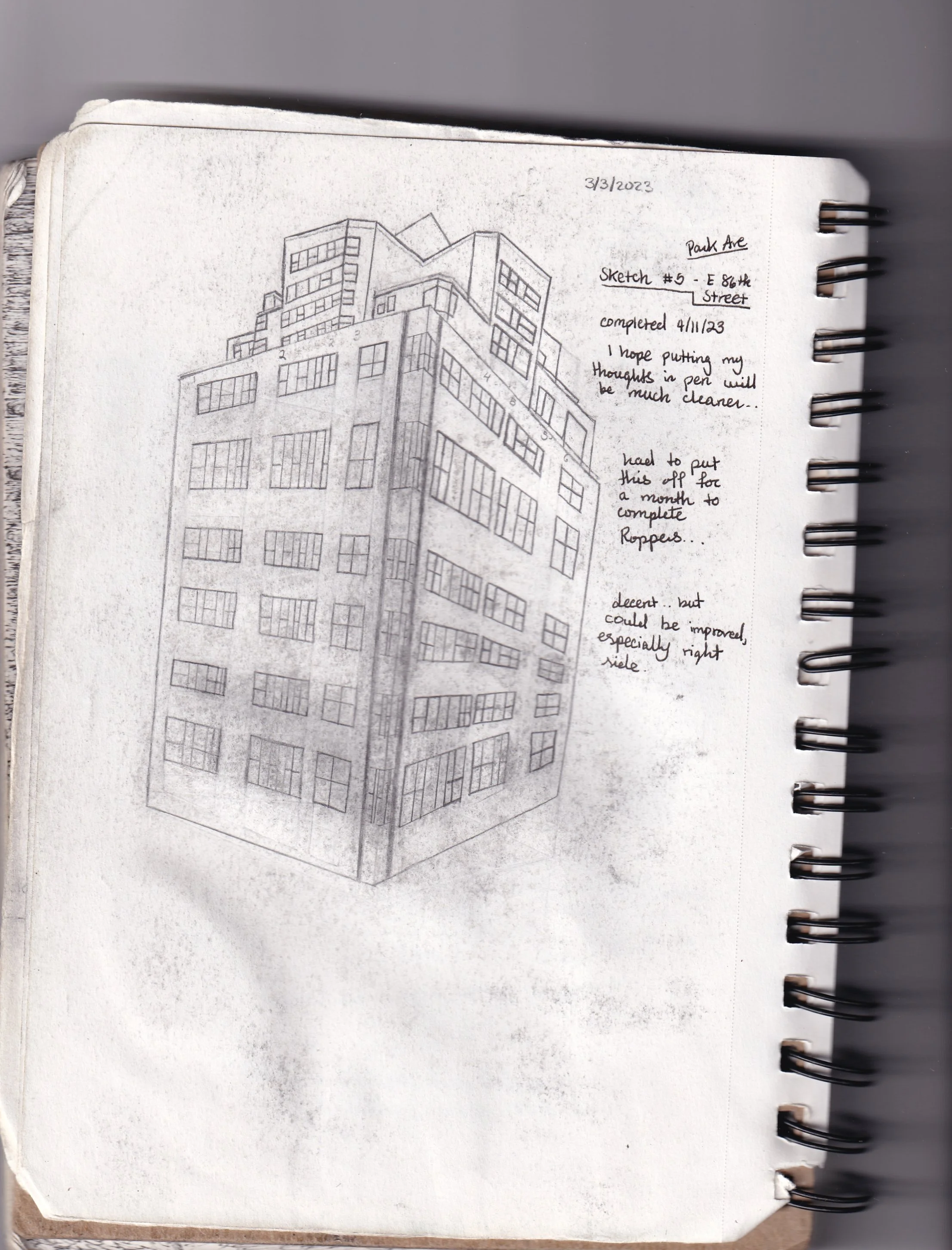 [Sketch #6] - East 86th Street Building (Park Avenue) [3-3-2023]

Sketch #5 (This is my 6th sketch, but I considered the Guggenheim Museum I did earlier as a failed sketch, hence why
this building is called Sketch #5)

Completed 4-11-2023
I hope putt