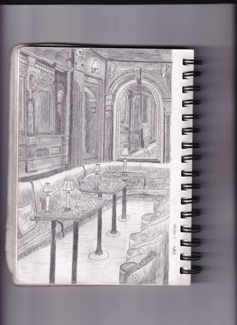 [Reference] Ornamental Practice Drawing [8-10-2025]

Sketchbook:
7-24-2026 Note:
Wanted to practice drawing a lot of ornamental detail, and decided to draw this reference because of its ornate lamps, chairs, mirrors,
lamps, and tables. Took over a mo