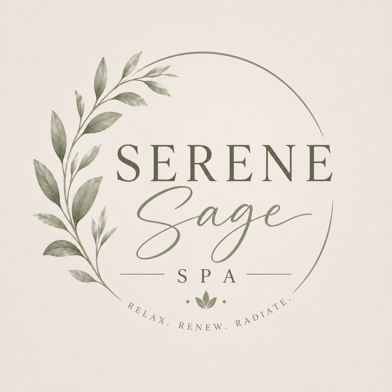 Logo for Serene Sage Spa featuring a green leafy branch and the words 'Serene Sage Spa' with the tagline 'Relax. Renew. Radiate.'