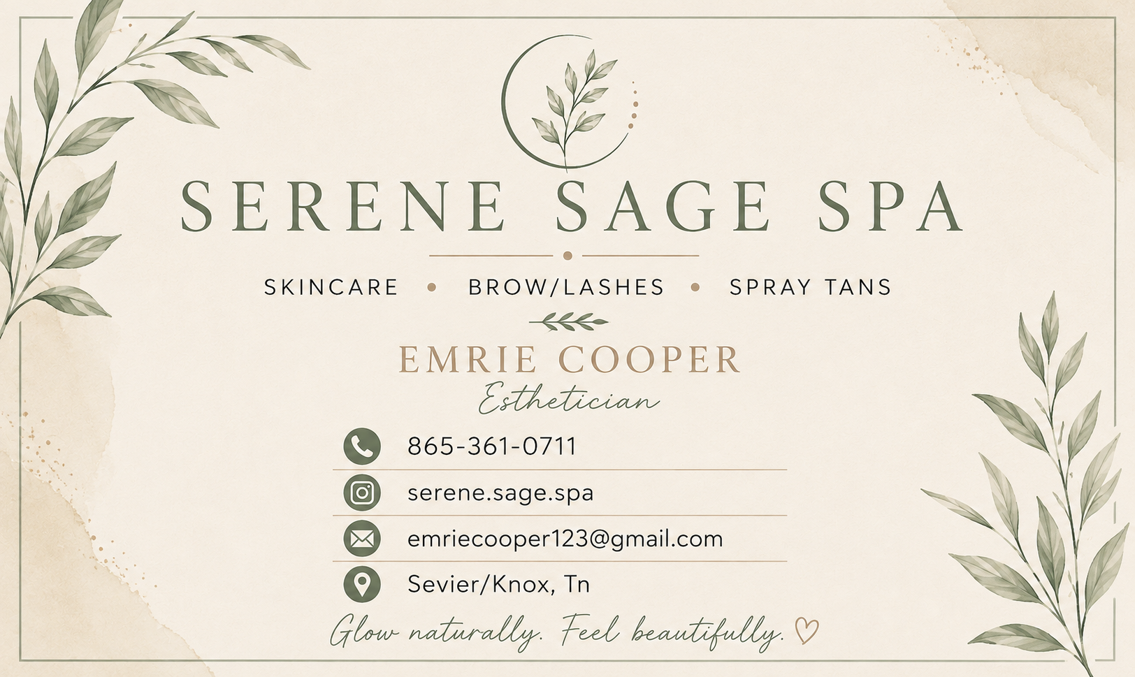 Business card for Serene Sage Spa with a beige background, green leafy accents, and text including services, contact info, and the slogan 'Glow naturally. Feel beautifully.'