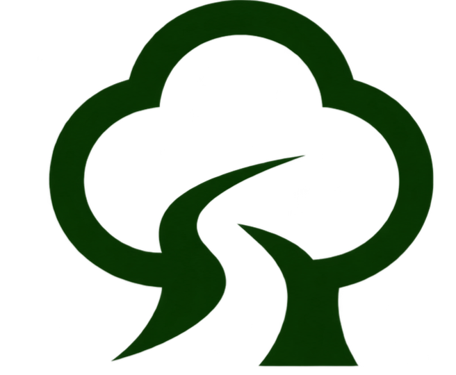 A dark green cloud-shaped logo with a winding road or river inside it.