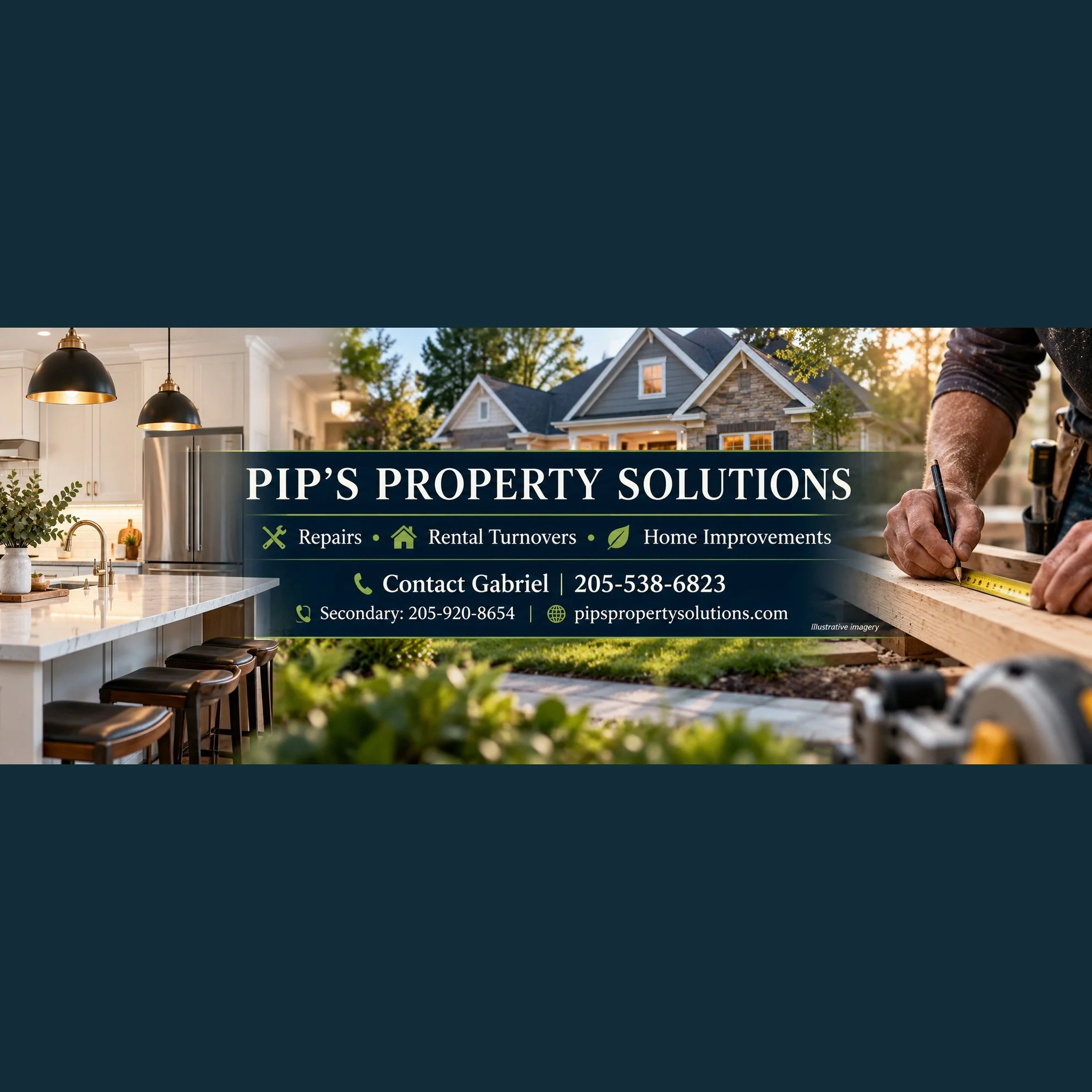 Illustrative PIP’s Property Solutions home improvement banner. Contact Gabriel: main 205-538-6823, secondary 205-920-8654.