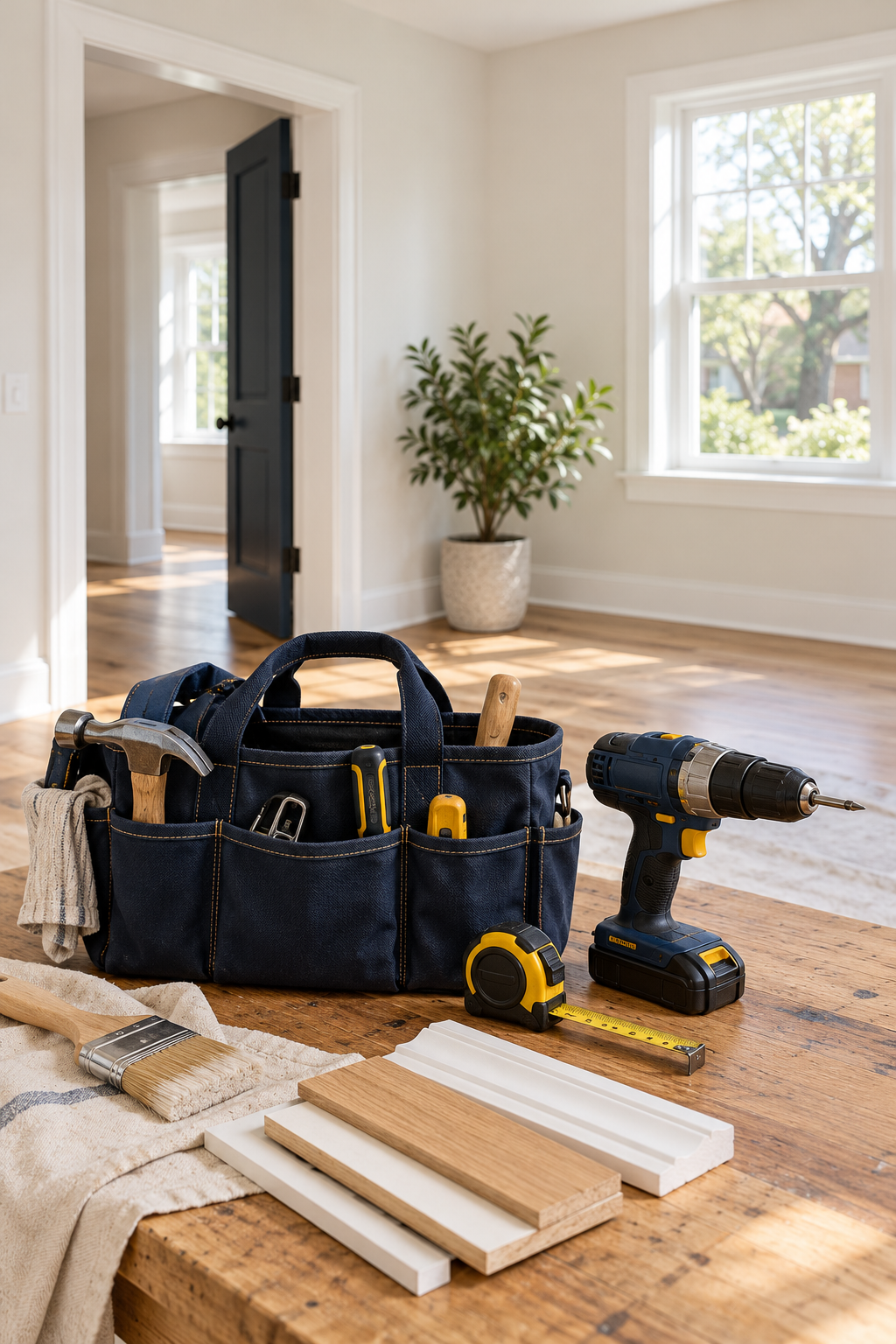 Illustrative property-maintenance tools in a freshly finished home
