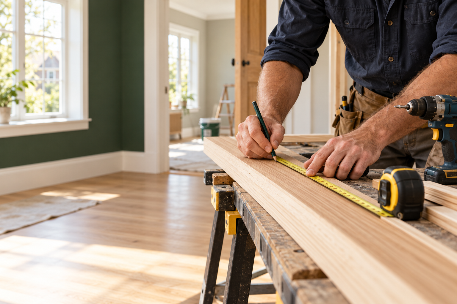 Illustrative image of a carpenter measuring trim during a home improvement project