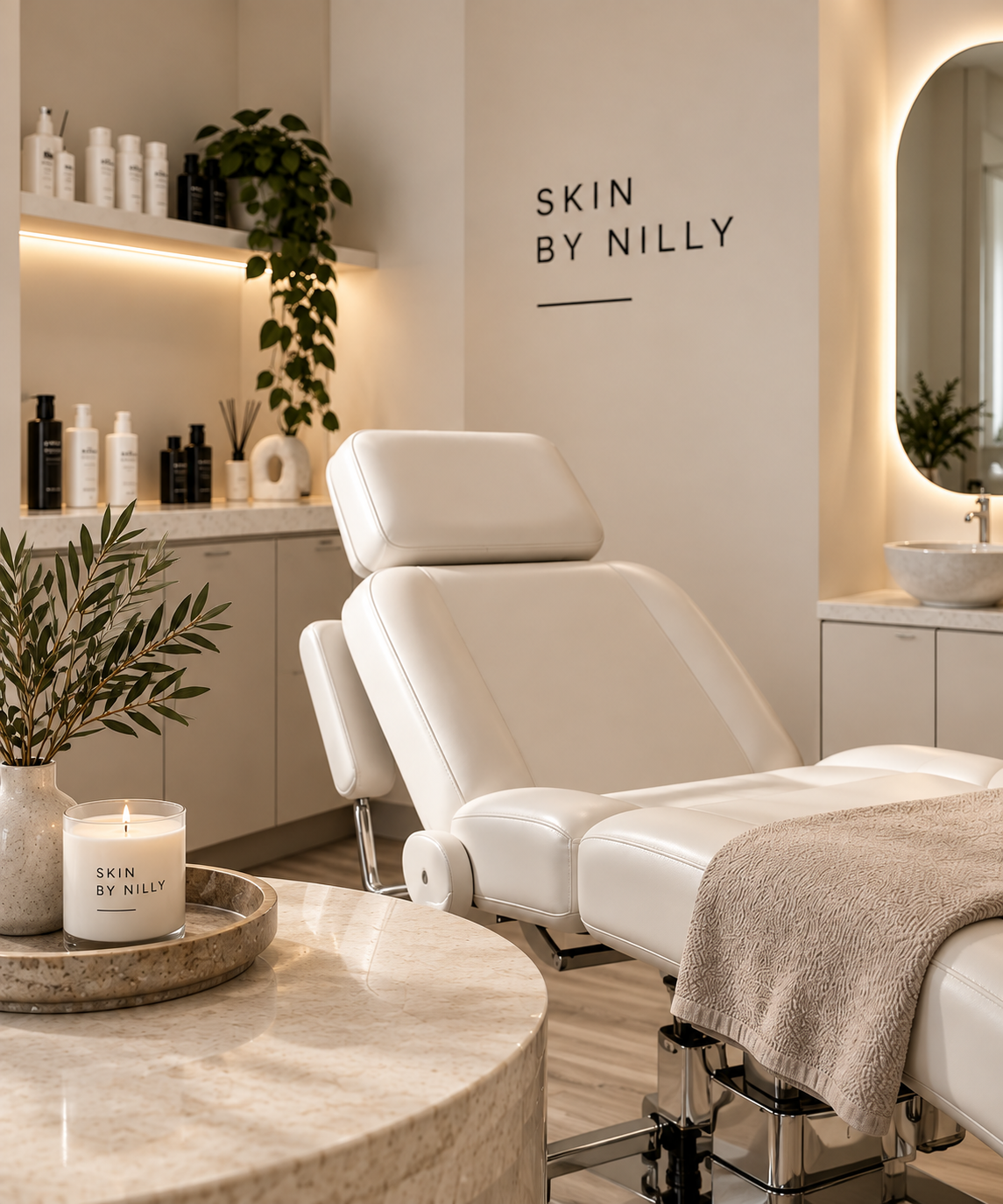 A modern skincare treatment room with a white reclined chair, a small table with a candle labeled "Skin By Nilly," a beige towel, a potted plant, and skincare products on shelves with a mirror on the wall.