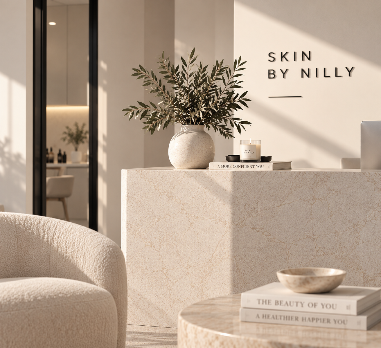 Elegant skincare clinic reception area with minimalist decor, featuring a large potted plant, candles, and books on a marble counter, with the clinic's name 'Skin by Nilly' on the wall.