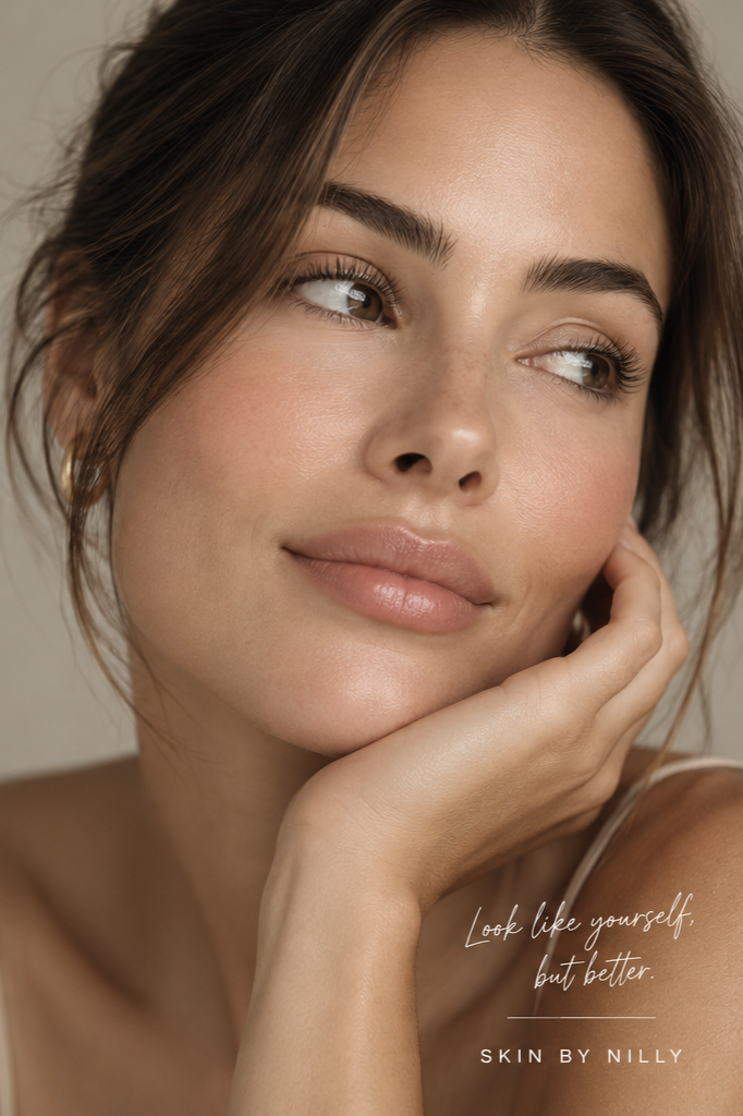 Close-up of a young woman with clear skin and brown hair, smiling softly and resting her face on her hand.