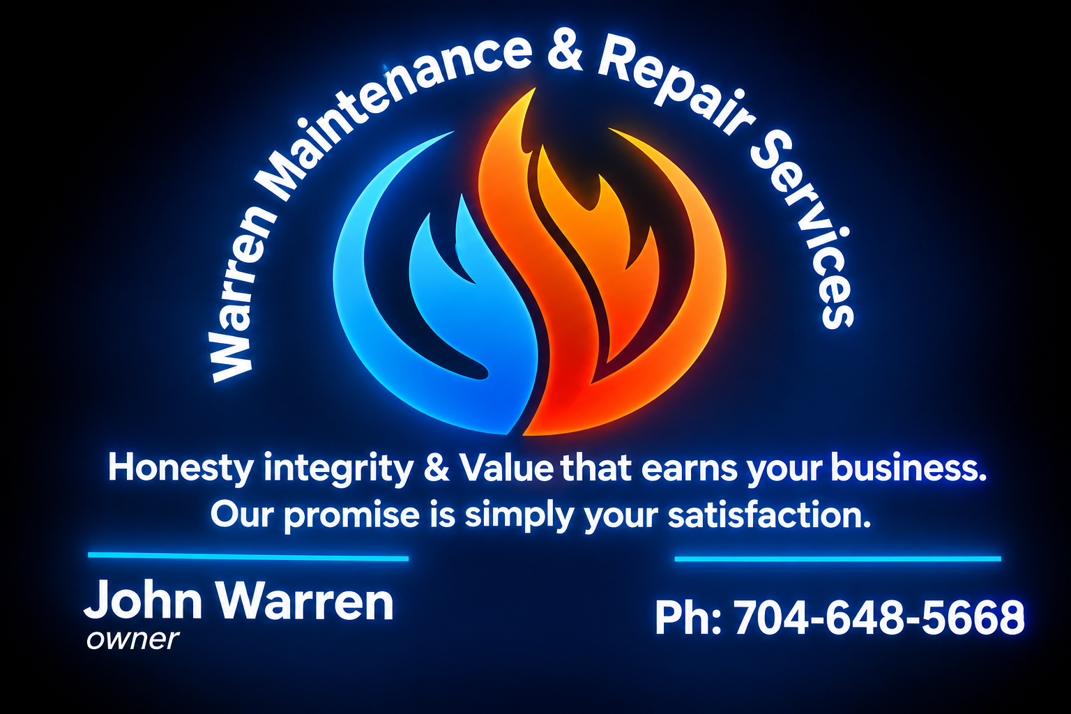 Business sign for Warren Maintenance & Repair Services, featuring a flame logo with blue and orange colors, and contact details including phone number 704-648-5668, the owner John Warren