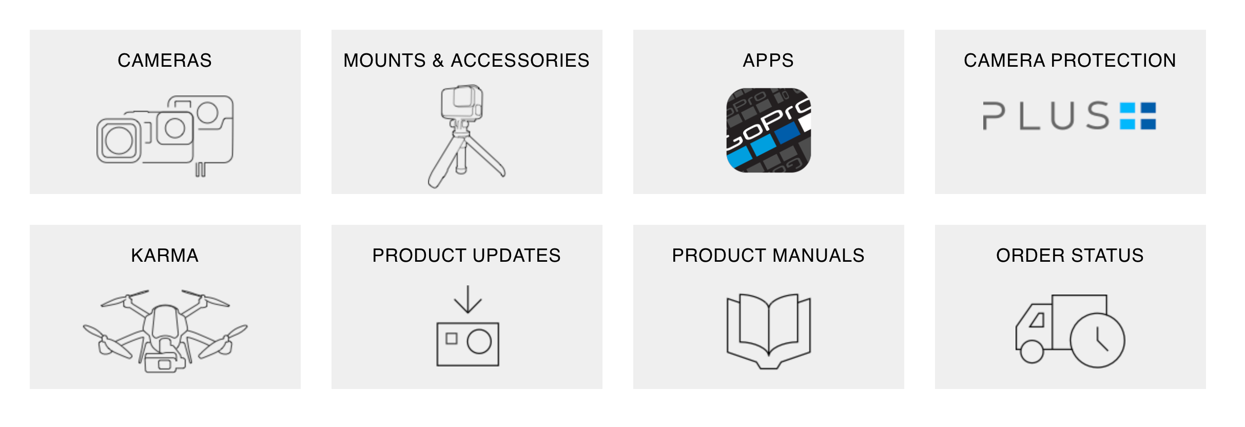 Support Menu items on the Support page, original GoPro Website