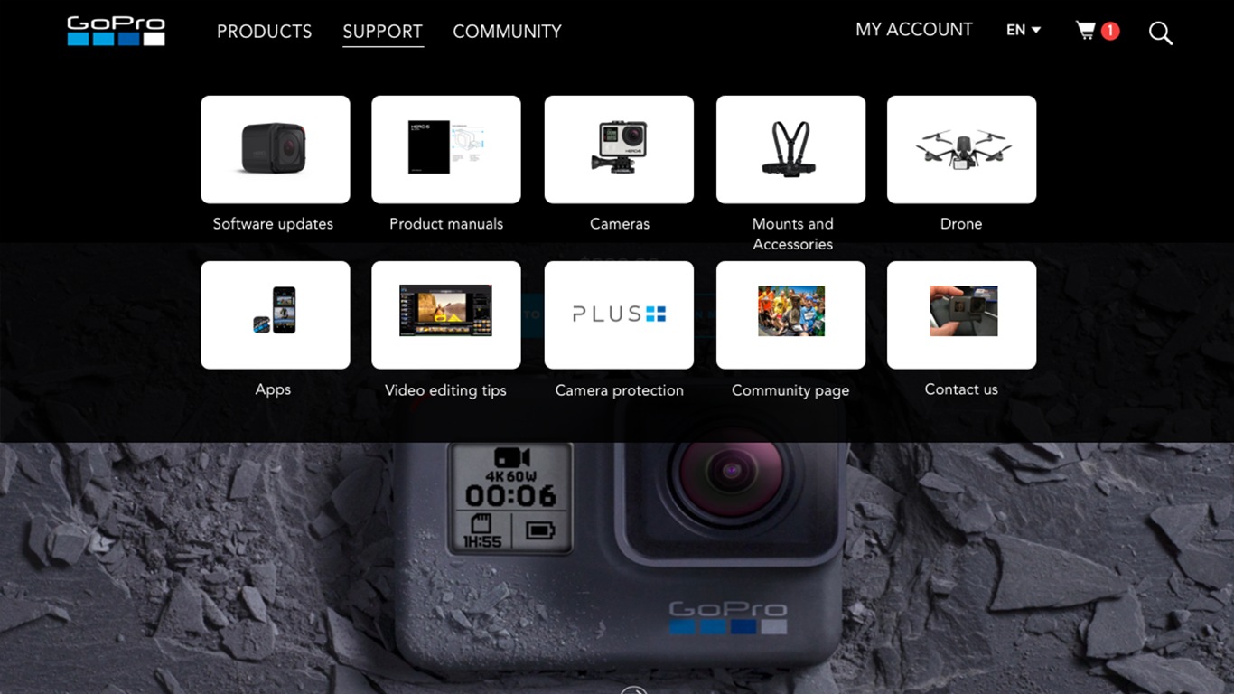 Redesigned Support Menu, GoPro Website