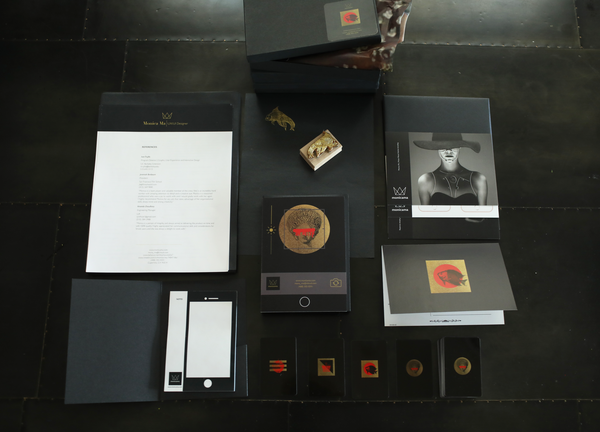 A letterhead, a give away, business cards, a Thank you card, a stamp for monicama brand