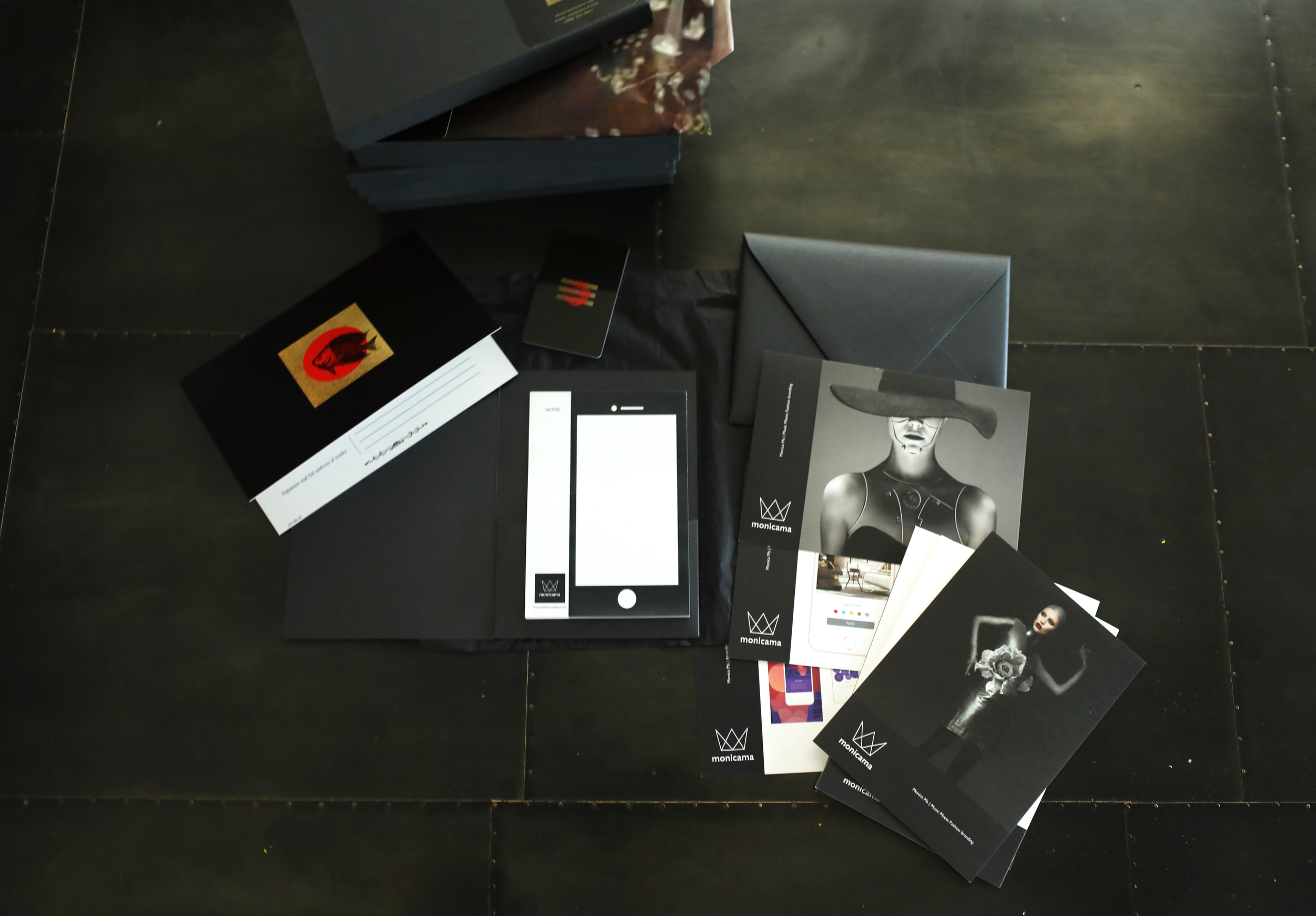 monicama Give away (postcards, sticker pad, envelopes, business card, box)