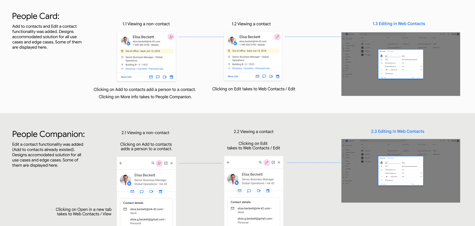 Redesigned user journey on the Web in People &amp; Sharing: now it’s only one click from both people Card and People Companion to add and start editing a contact.
