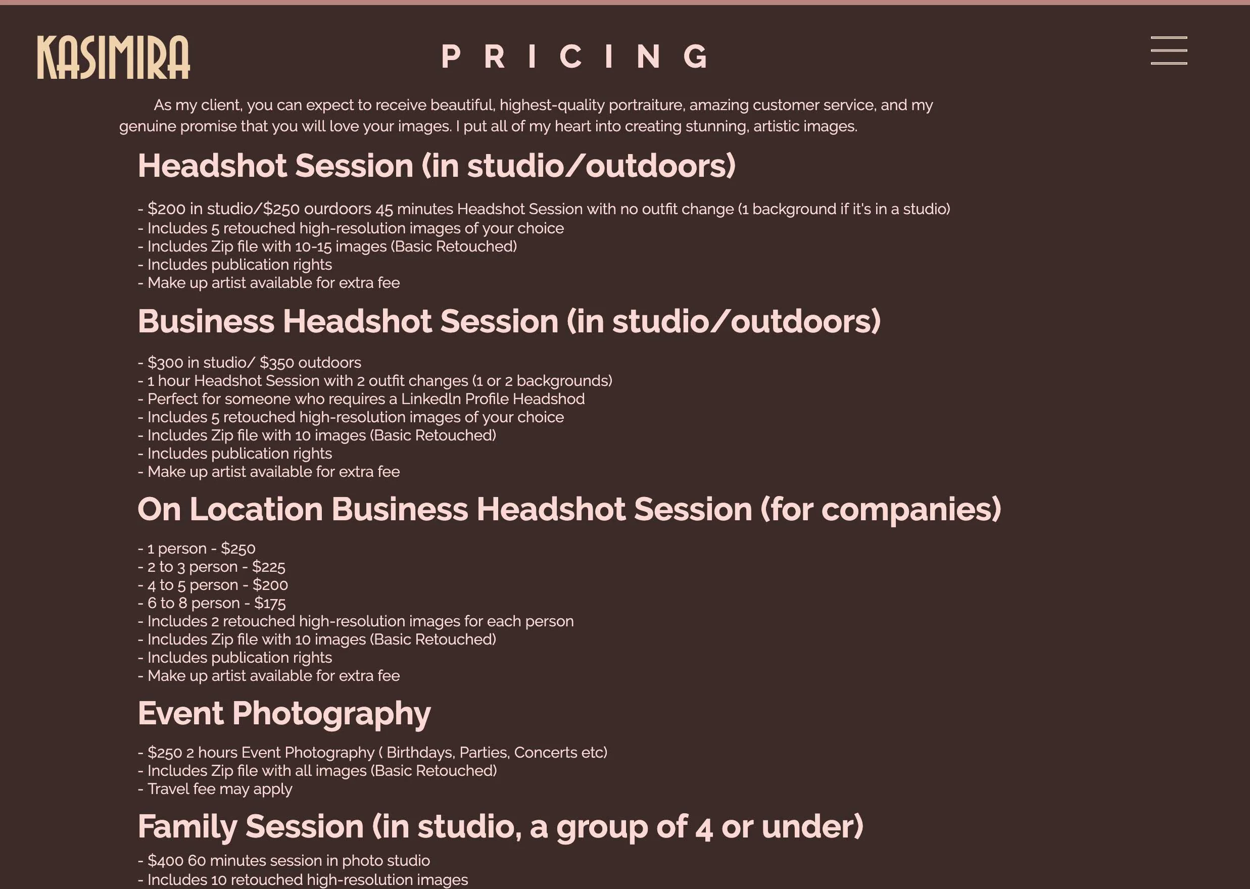 Original Kasimira Photography Pricing Page