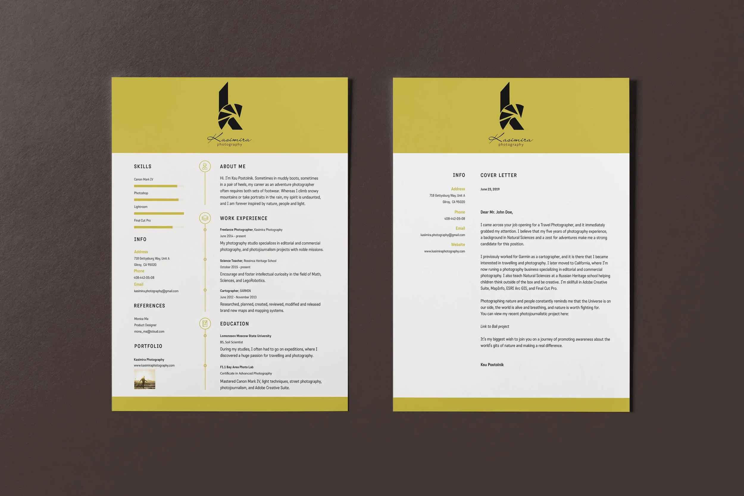 Kasimira Photography Cover Letter and Resume