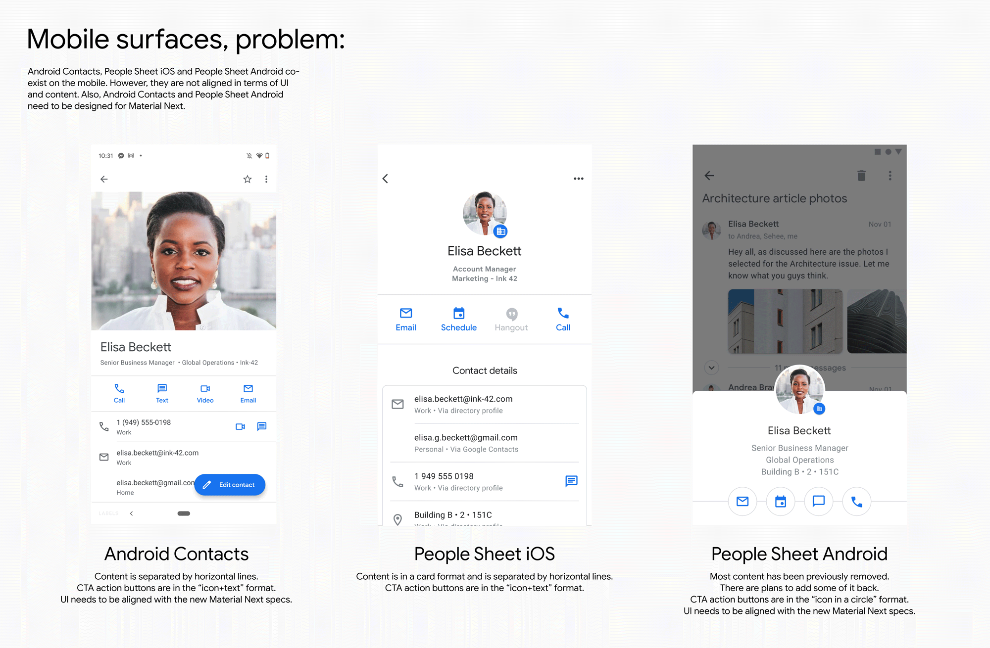 Mobile surfaces misalignment problems: Android Contacts, People Sheet iOS, and People Sheet Android