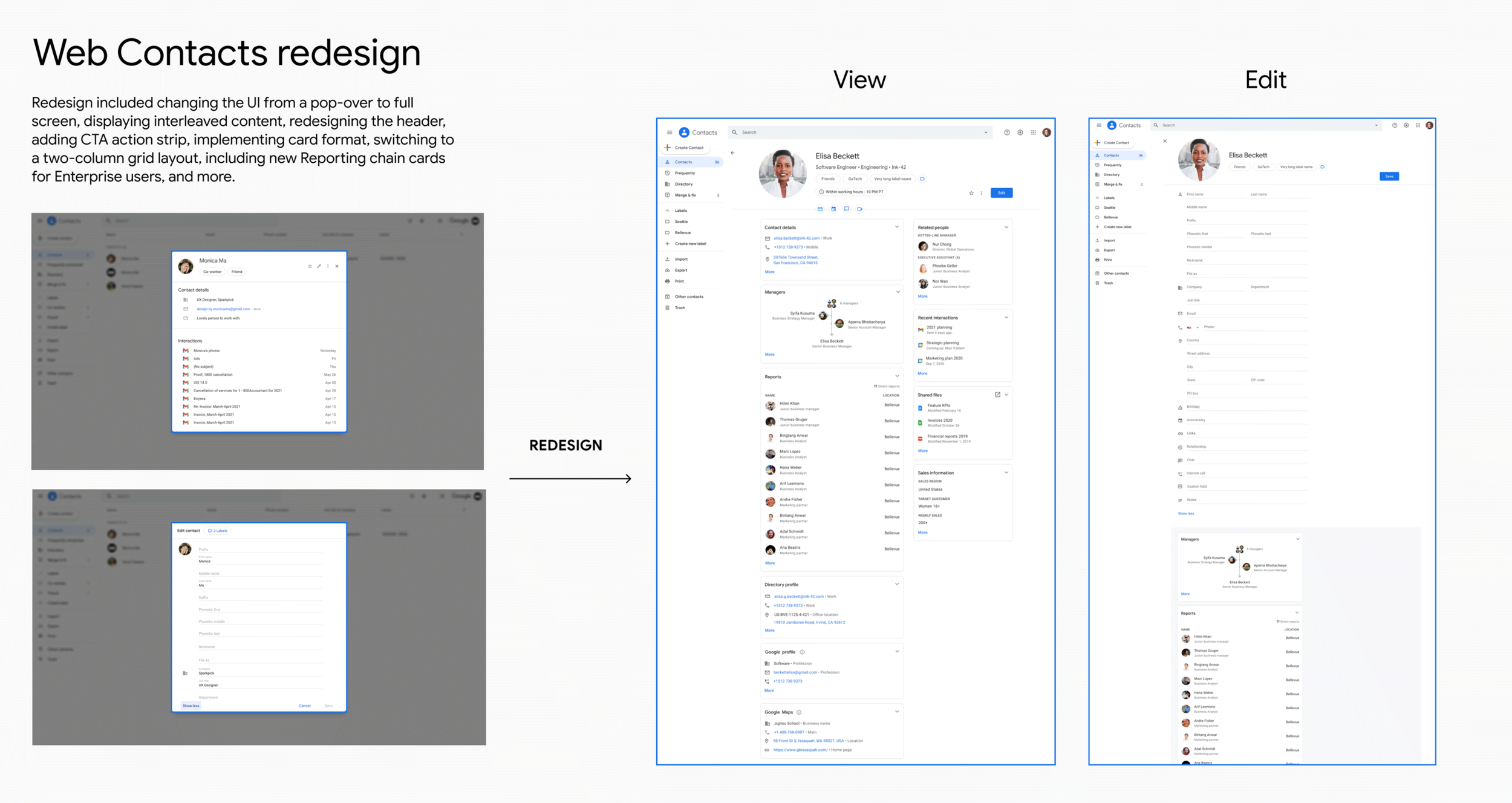 Web Contacts before and after redesign