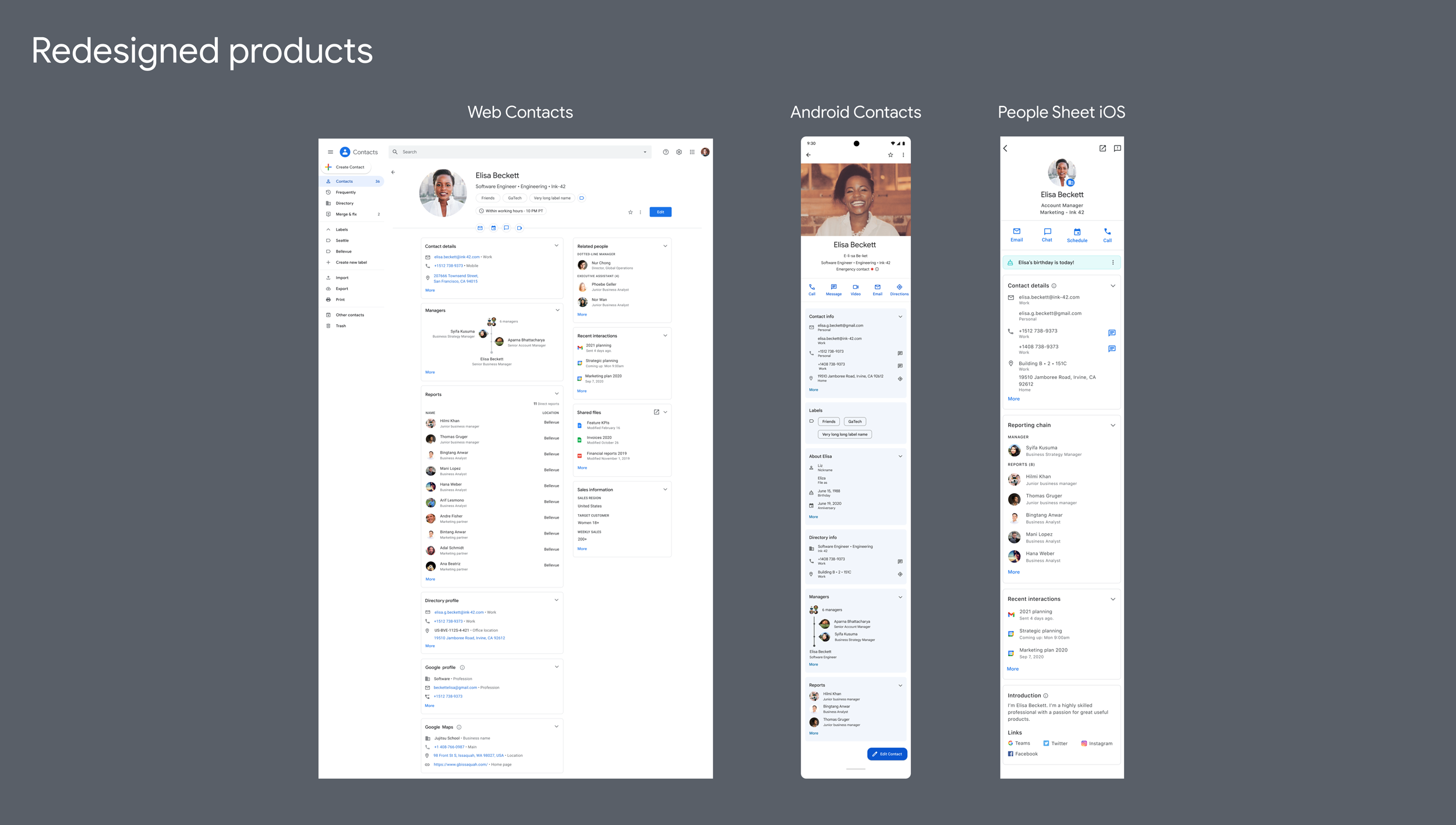 Redesigned products: Web Contacts, Android Contacts and People Sheet iOS by Google