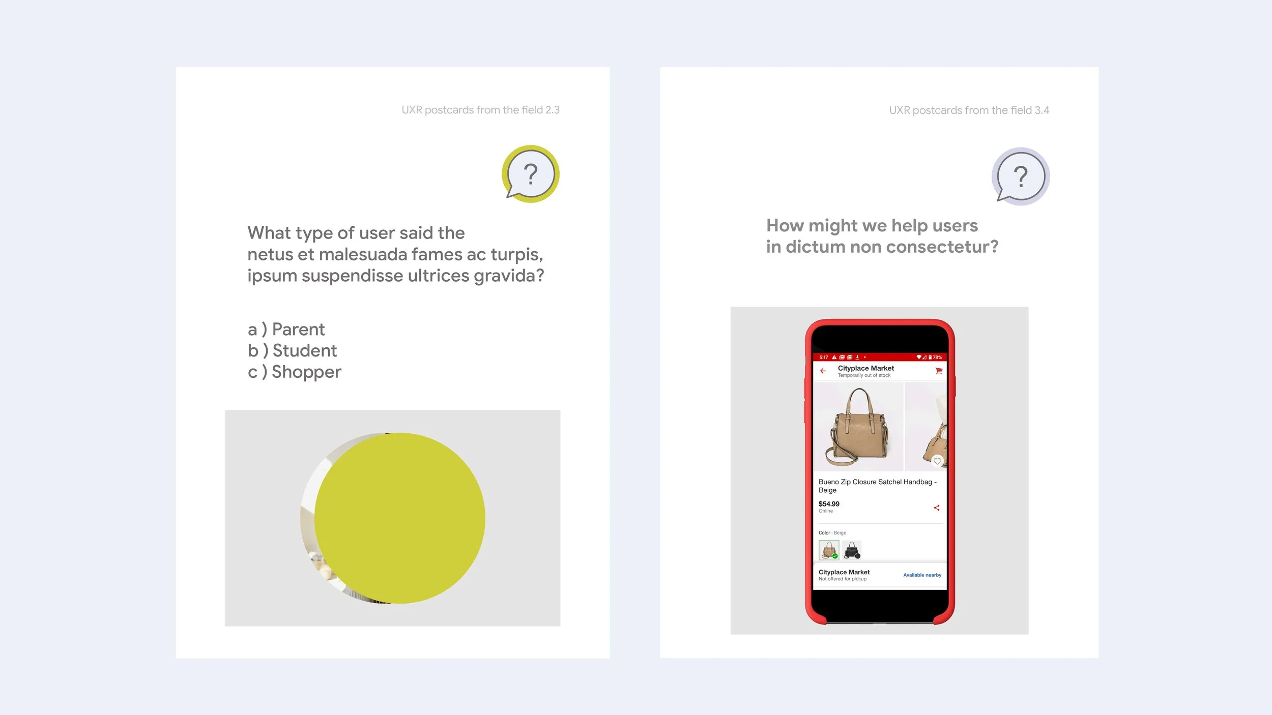 Different types of user prompts: Quiz (left) and User screen (right)