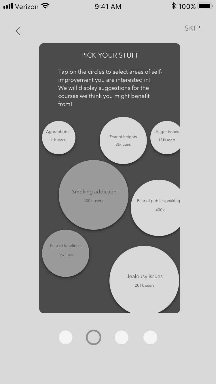 Tutorial screen, low-fidelity