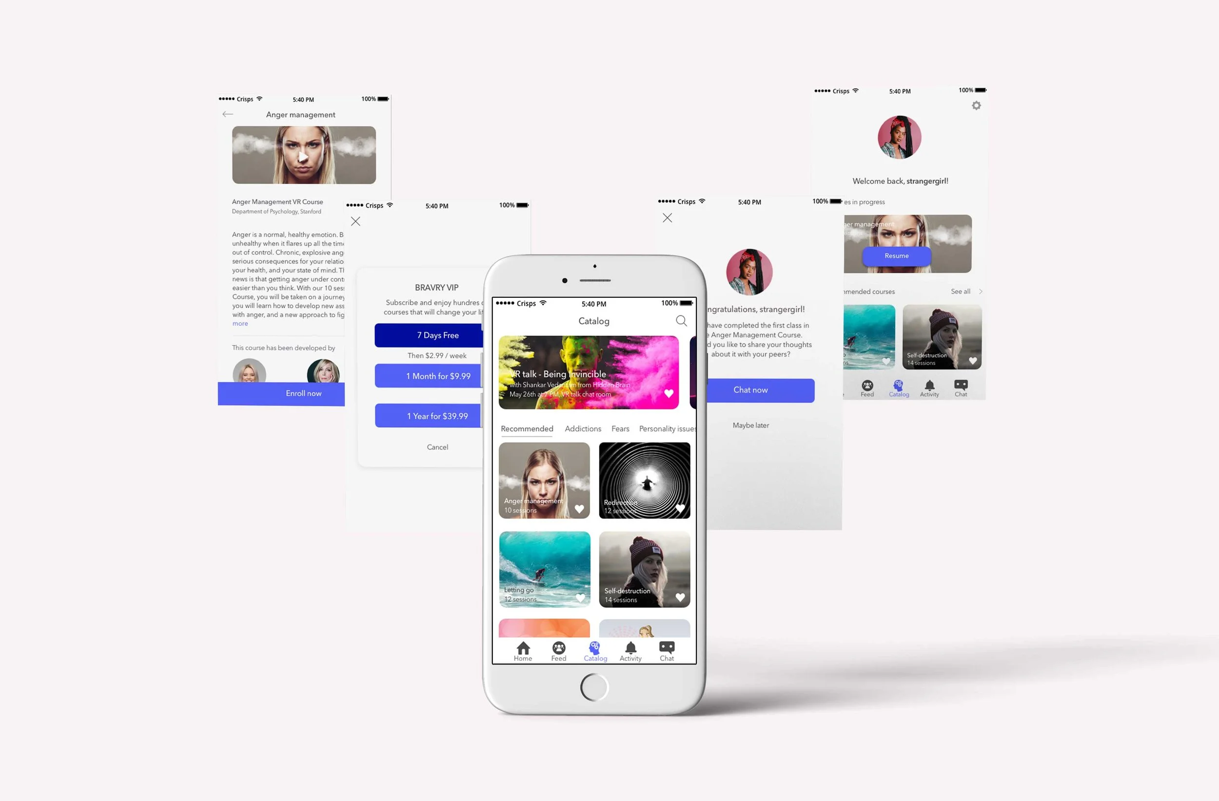 BRAVRY app screens, medium-fidelity