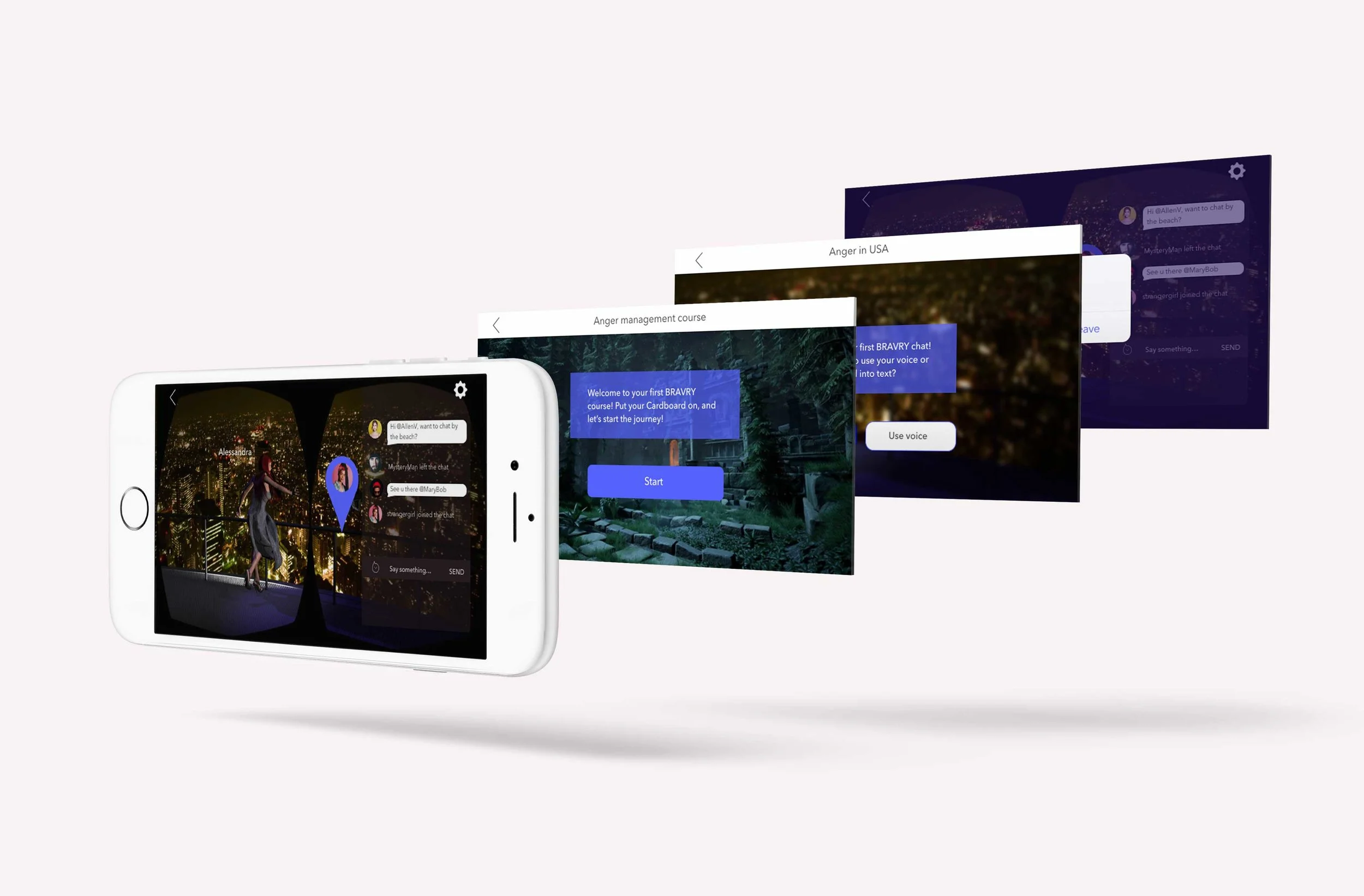 BRAVRY chat screens, medium-fidelity