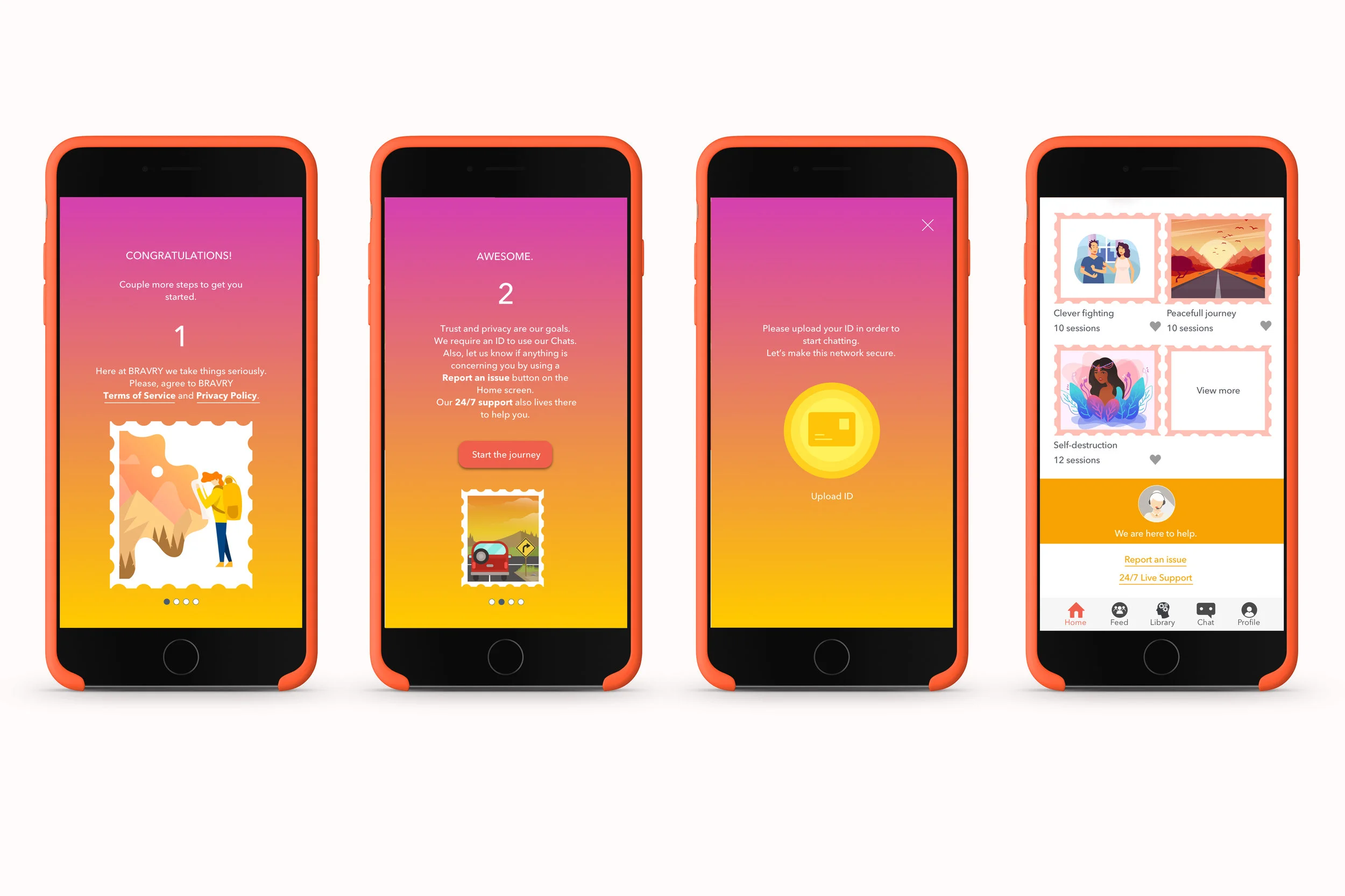 Set up, Chat and Home screens with the focus on security and trust, BRAVRY