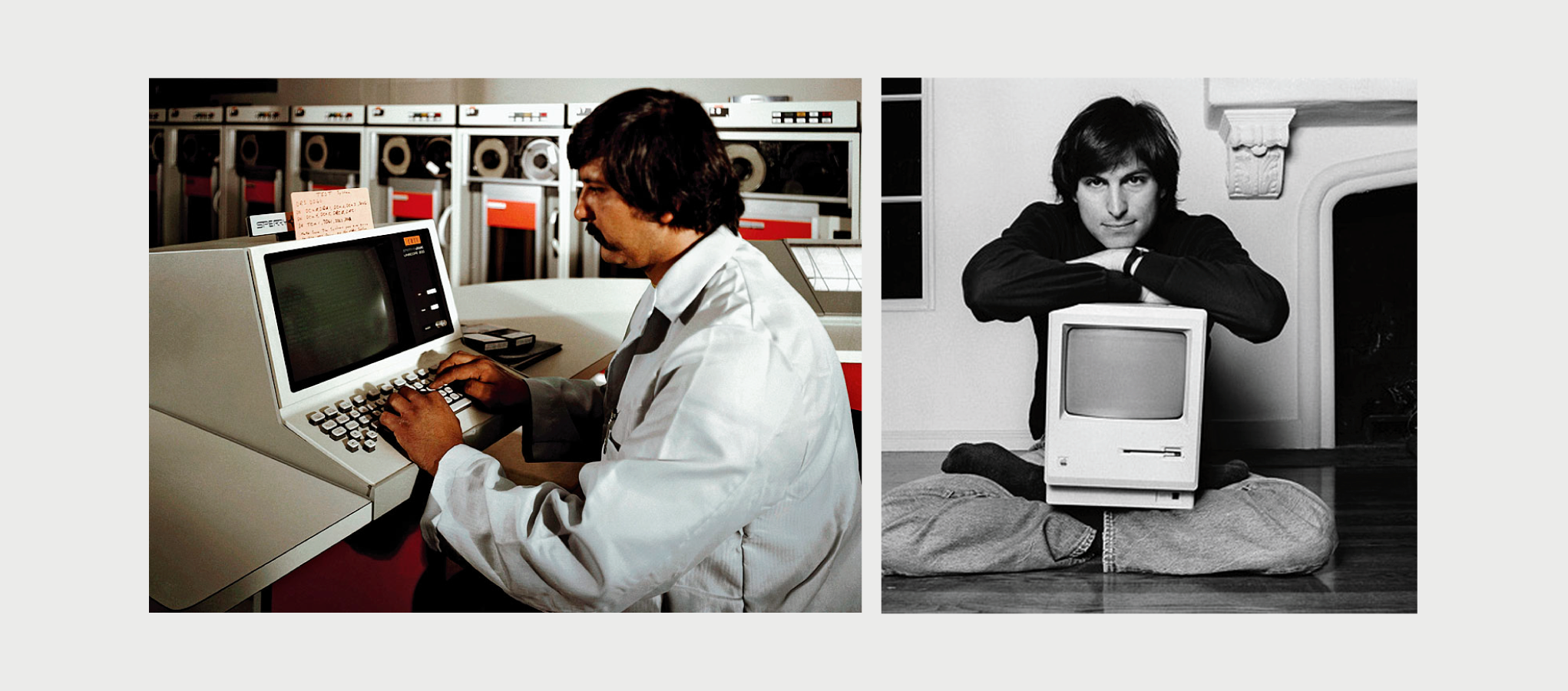 Left: Xerox lab. Right: Steve Jobs and Macintosh computer. Photo: courtesy of Xerox and Apple