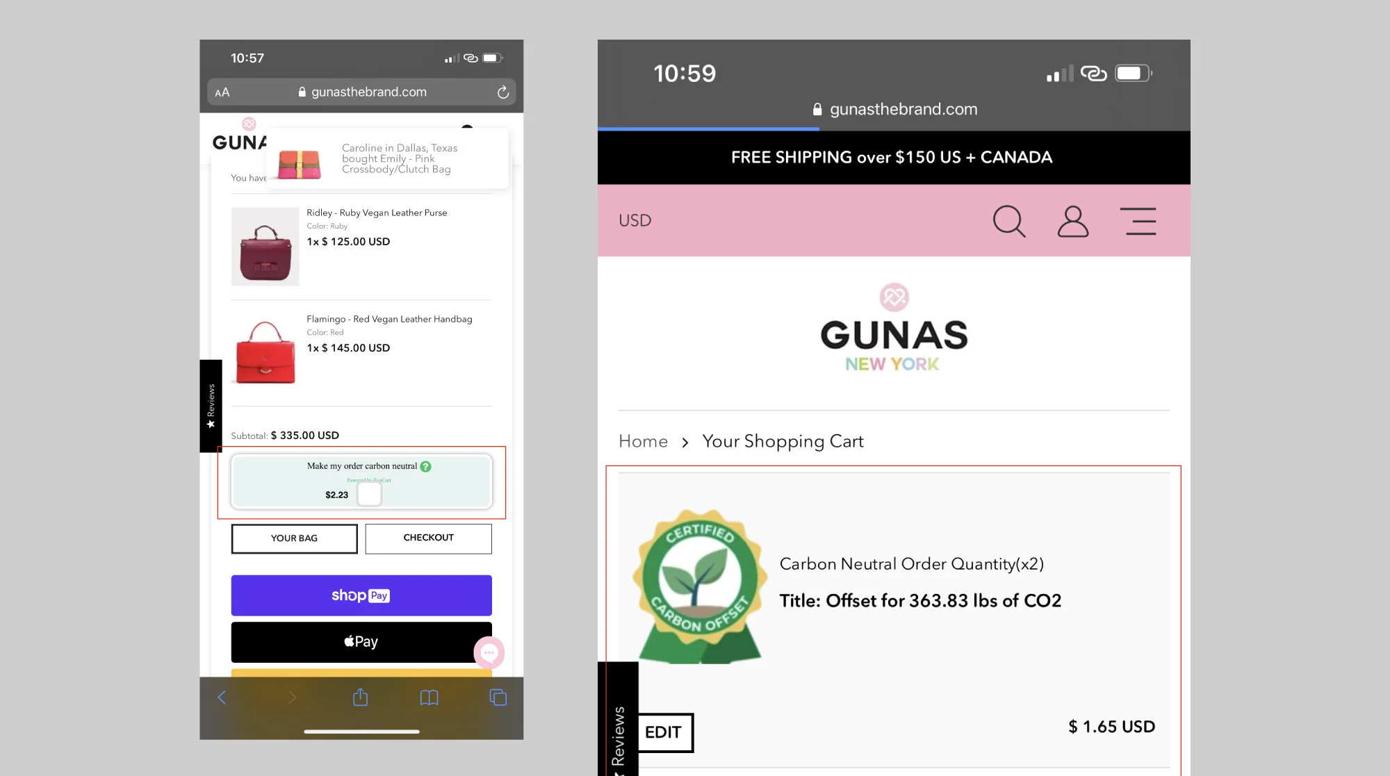 Gunas website encourages to offset carbon at checkout