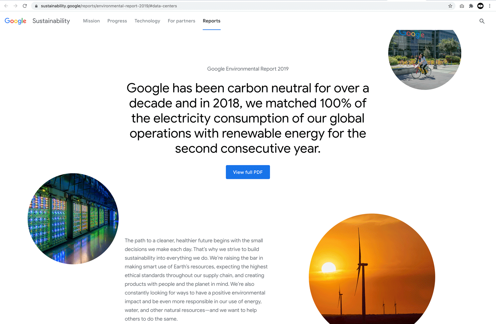 Google’s environmental report highlighting sustainability efforts across their data centers.