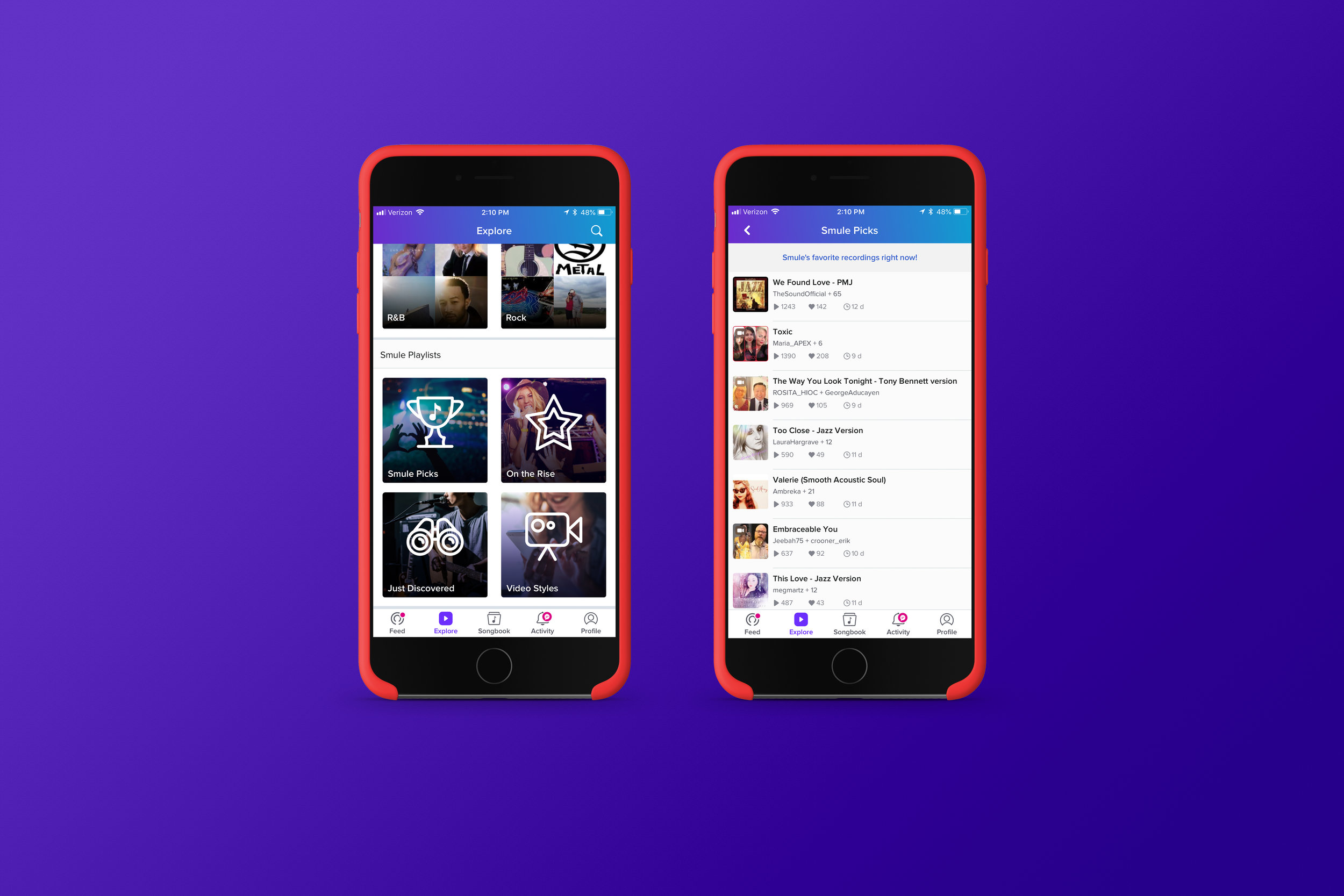 Smule Explore and Smule Picks screens, July 2018