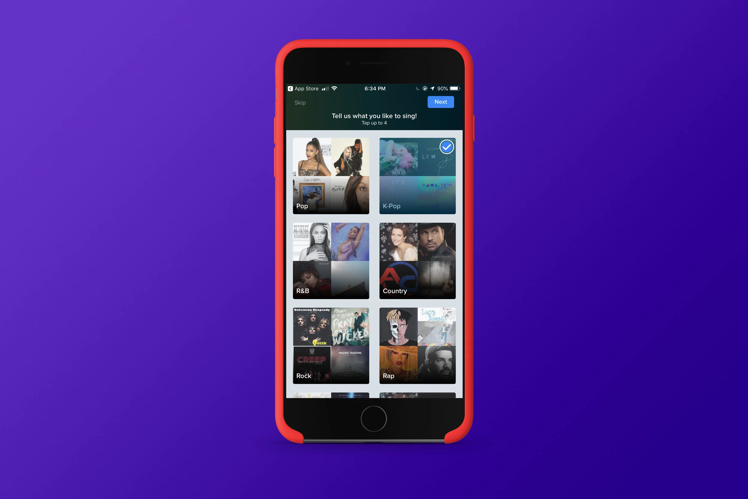 Smule Genre Selection screen during tutorial, July 2018