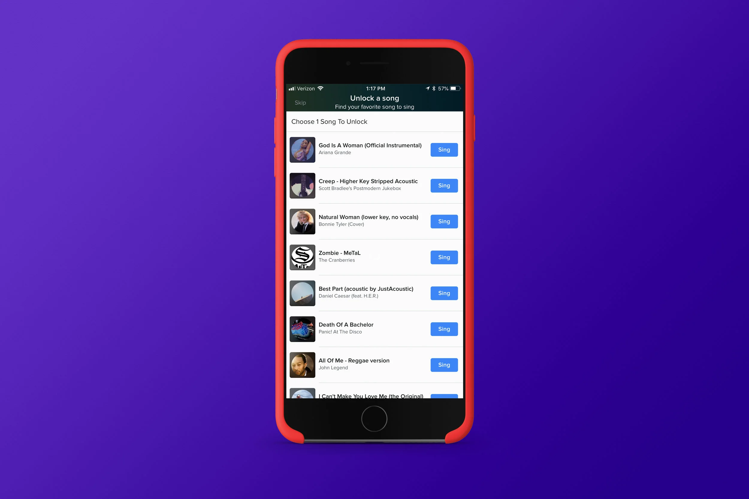 Smule Song Selection screen during tutorial, July 2018