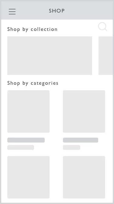 The initial design of the store screen incorporated Search, and Shopping by collections as well as by furniture categories.