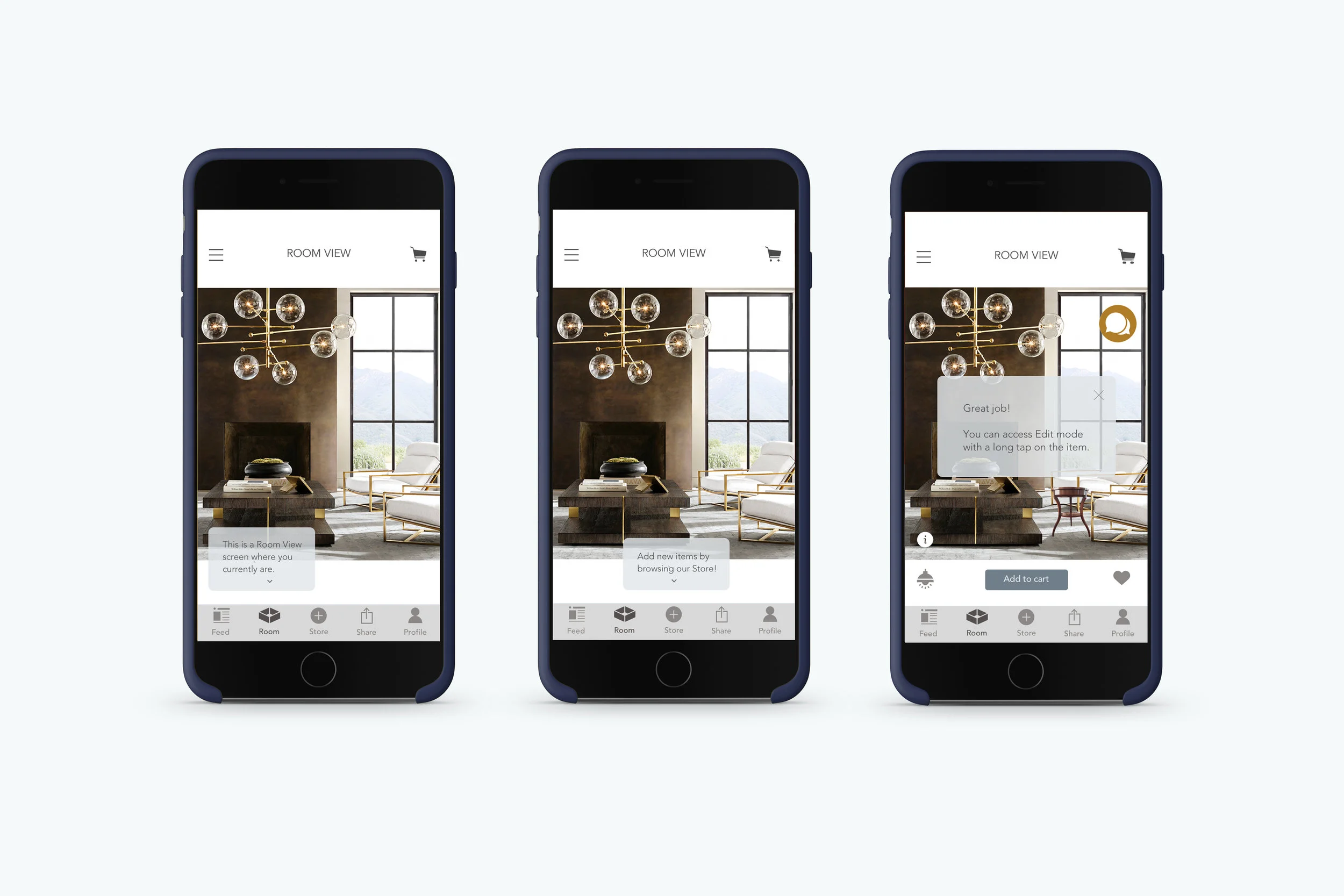Tutorial pop-ups, redesigned 3D Room View App