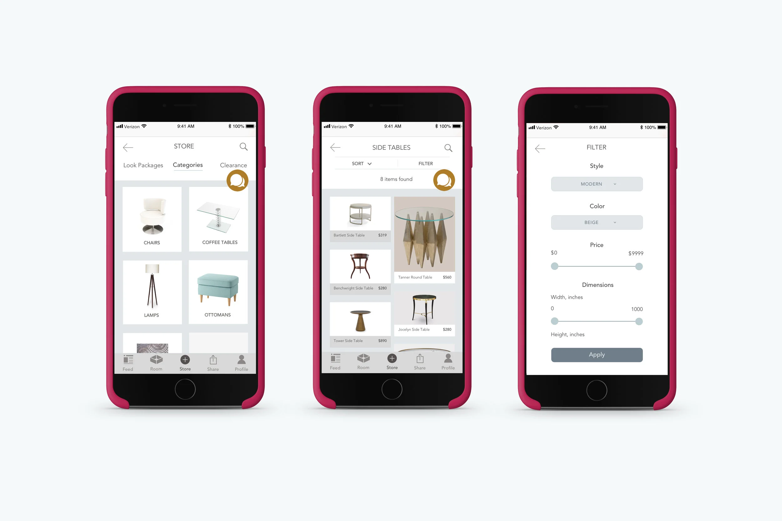 Store screens, redesigned 3D Room View App