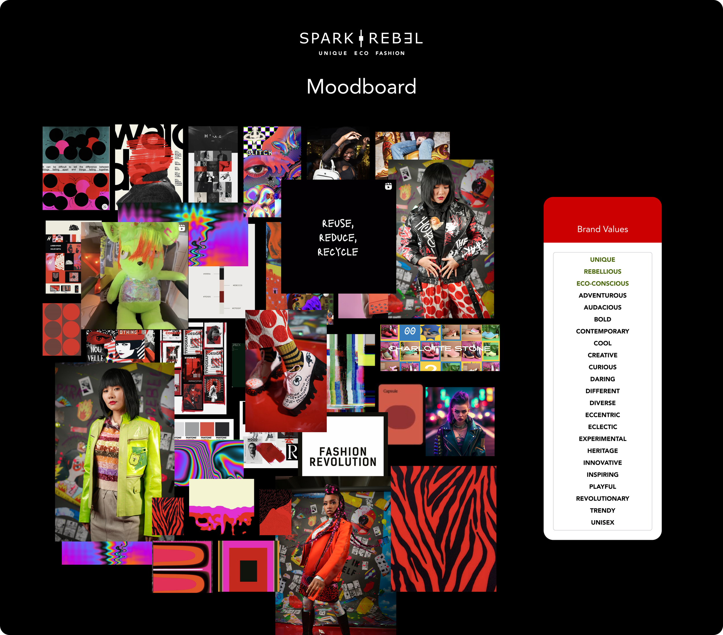 Spark + rebel features User journey in eco fashion Moodboard branding project