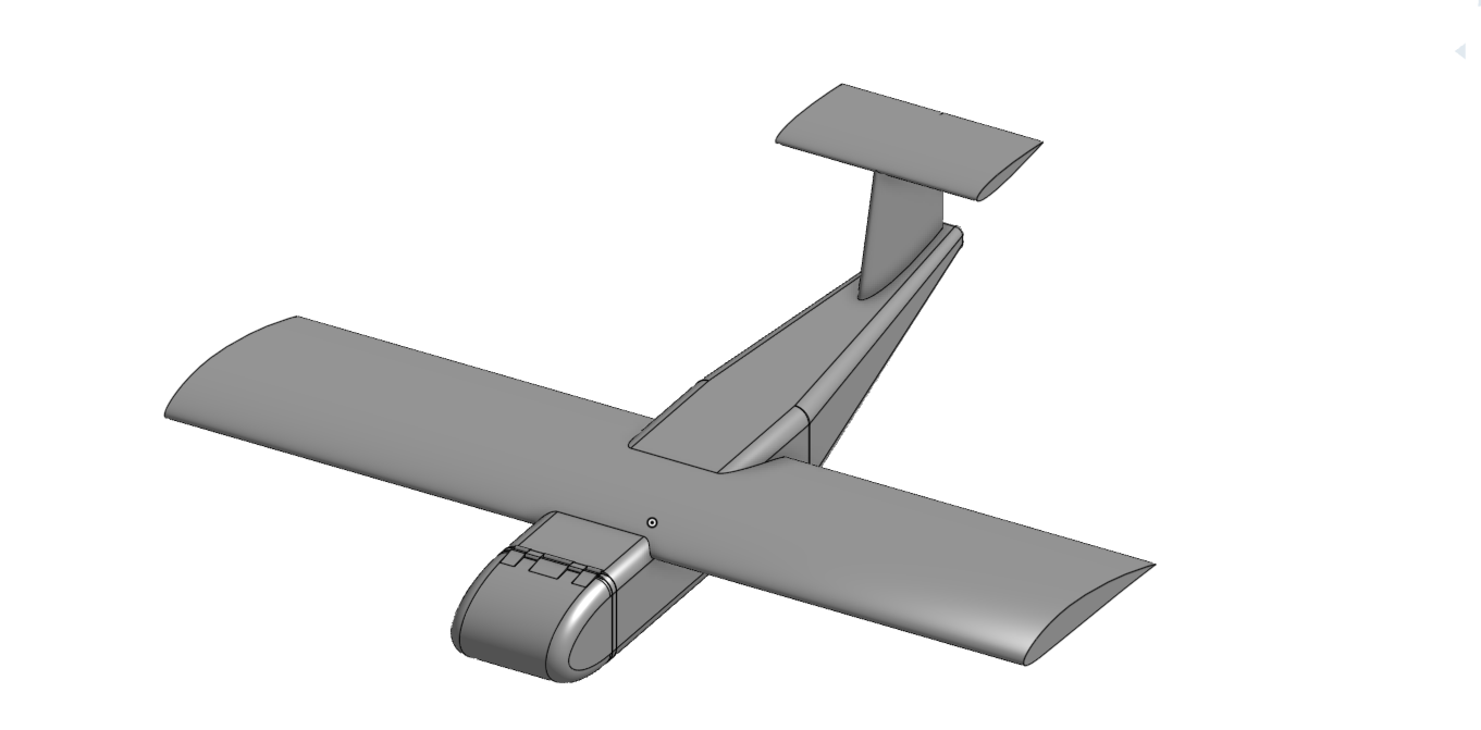 A grayscale 3D model of a small drone with a single propeller, tail wing, and camera attached underneath.
