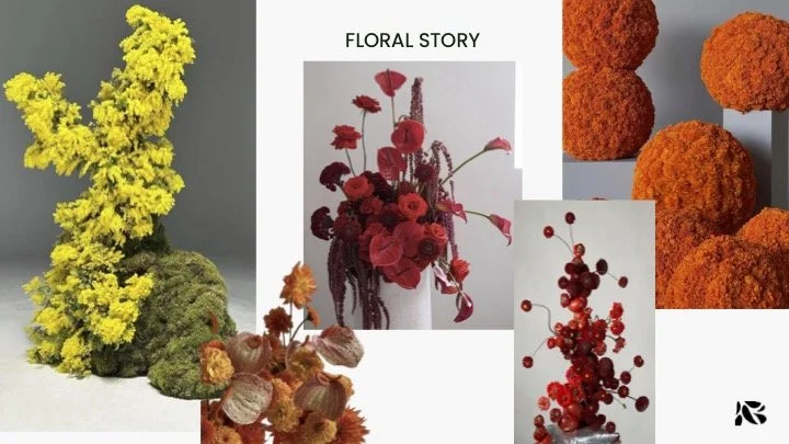 Collage of floral arrangements including yellow flowers, a red flower bouquet, orange spherical flowers, and red berries, with the text 'FLORAL STORY' in the center.