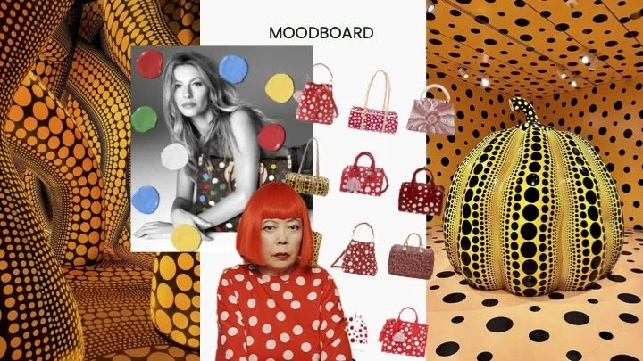 A surreal collage with a woman in a red polka dot dress and bright orange bob haircut, a black and white photo of another woman with polka dot clothing, a mood board with colorful handbags, and a large yellow polka dot pumpkin against an orange and b
