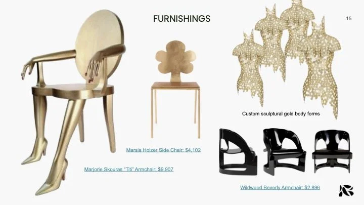 Different furniture pieces, including a gold armchair with human legs and an arm, a small table with a gold sculpture of a flower, three gold body-shaped mannequins, and three black armchairs with curved armrests.