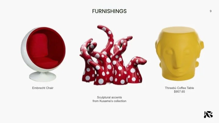 Three pieces of furniture: an Embrecht chair with a red cushion and white exterior, a sculpture of red tentacles with white polka dots, and a Yellow Threeabu coffee table.